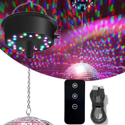 Image of Disco Ball Motor with Lights Remote, 5 RPM 9 24 LED Mirror for 4&quot; 6&quot; 8&quot; 12&quot; Balls Party(USB/Battery Powered)