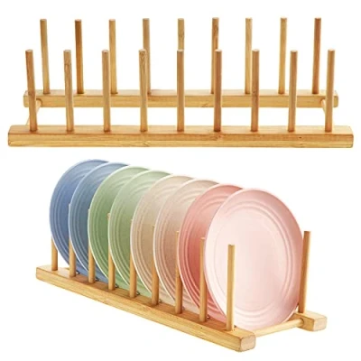Image of HonGien 2Pcs Bamboo Plate Racks, Stand Pot Lid Holder, Dish Kitchen Cabinet Organizer for Bowl, Tableware, Cups, Cutting Board, CD, Book (7 Slot)