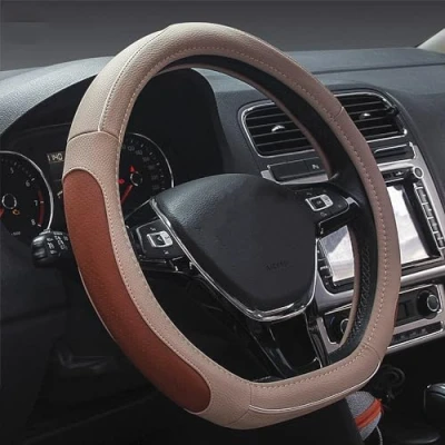 Image of HONCENMAX D Type Steering Wheel Cover Flat Bottom Car Protector for Men Women Cut Shaped Diameter 38cm(15&quot;) PU Leather Beige
