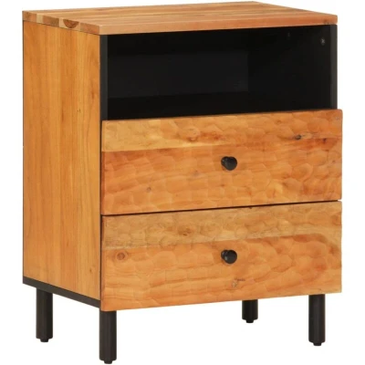 Image of vidaXL Solid Acacia Wood Bedside Cabinet Modern Nightstand with Drawer and Doors, Iron Legs, Ample Storage, Elegant Bedroom Furniture