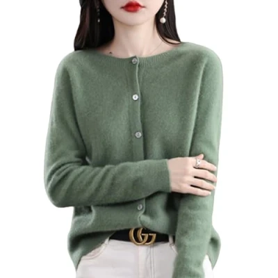 Image of TeysHa Women&#039;s Cashmere Cardigan Sweater,Wool Crew Neck Button Down Long Sleeve Sweater,Soft Warm Knit Elastic Jumpers (Pine Green,Medium)