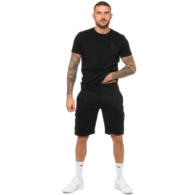 Image of 989Zé ENZO Mens Tracksuit T Shirt Shorts Set Regular Fit Plain Tee Crew Neck Top Casual Fleece Cargo EZTS603 &amp; EZSC602 BLACK XL