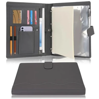 Image of Wonderpool A4 PU Leather 4 Ring Holder Writing Portfolio Multi Document Case with Removable Binder Clipboard and Functional Pocket for Organizer Office Travel School (Grey)