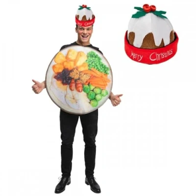 Image of Adult Traditional Christmas Dinner Costume + Pudding Hat : Unisex Mens Womens Xmas Food Novelty Fancy Dress
