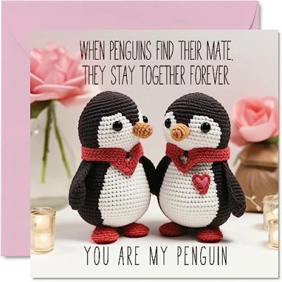 Image of Penguin Valentines Anniversary Card Knitted Penguins Cute Romantic for Girlfriend Boyfriend Wife Husband Partner Friend Him Her, 145mm x Greeting Cards