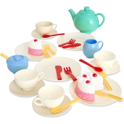 Image of Casdon 33 Piece Tea Set. Colourful Toy Playset with Teapot, Milk Jug, Cups and Saucers, Cake, More. Suitable for Preschool Toys. Children Aged 3+, New Colourway