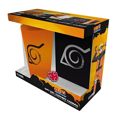 Image of Naruto Konoha 400ml Glass &amp; A6 Notebook Pin Badge Gift Set