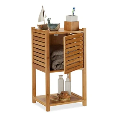 Image of Relaxdays Bamboo Bathroom Cabinet, 2 Tiers, 1 Door Compartment, Compact Unit, H x W D: 62.5 35 29 cm, Natural,10028830