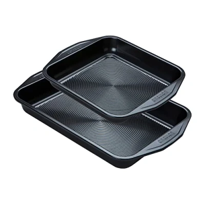 Image of Circulon Ultimum Non Stick Baking Trays Set of 2 Deep Roasting Tin 39.5 x 25cm and Square Tray 23 23cm, Freezer Dishwasher Safe Carbon Steel Bakeware, Black
