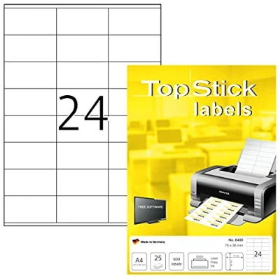 Image of TopStick Self Adhesive Address Labels, 24 Labels per A4 Sheet, 25 Sheets, 70 x 36 mm, 600 Blank Mailing Stickers, Sticky for Laser &amp; Inkjet Printer, White