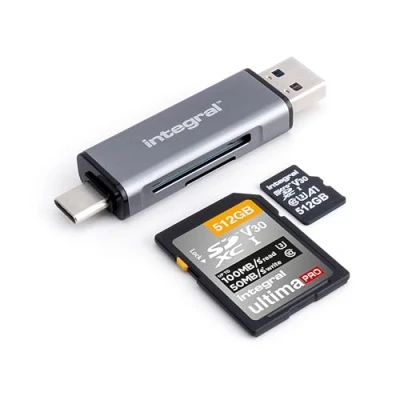 Image of Integral SD and microSD Memory Card Reader Dual Ended USB 3.2 Gen 1 Type A C Connectors Compatible with PC, laptops, smartphones, iPhone 15 series, MacBook Pro/Air, iPad Pro &amp; more