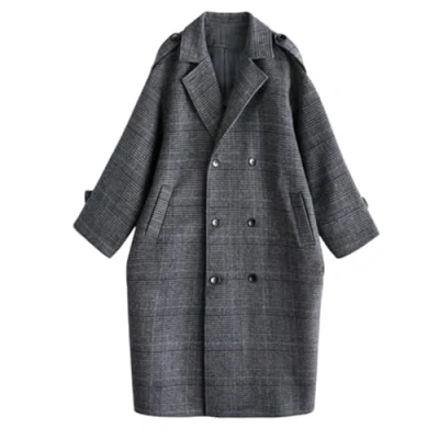 Image of TOTDYIKH Women&#039;s Plaid Wool Blend Long Pea Coat Oversized Notched Lapel Double Breasted Trench (Gray,M)
