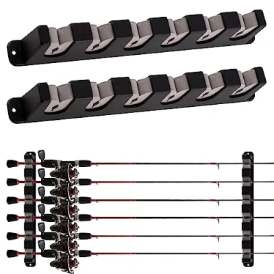Image of Dr.Fish 1 Pair Wall Mounted Fishing Rod Holder Stand Horizontal Pole for Storing 6 Rods Complete with Accessories in Box