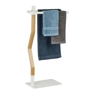 Image of Relaxdays Holder, 2 Bars, Free Standing, HxWxD: 78 x 40 20 cm, Bathroom Towel Rail, Steel &amp; MDF, White/Natural