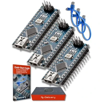 Image of AZDelivery 3 x Mini AZ Nano V3 Board ATmega328P Micro Controller ATmega328 5V 16MHz CH340 with USB Cable, Including E Book!
