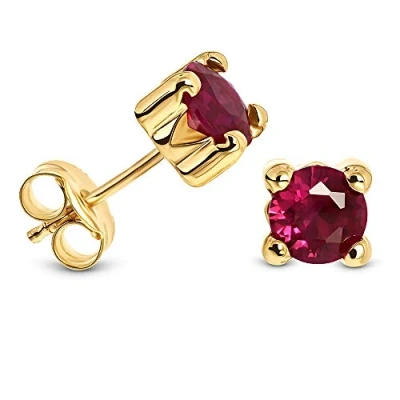 Image of Miore 4 Prong Gold Earrings for Women Solitaire Round Studs with Red Rubies Gems 1.22ct Made In Yellow 9ct 375, Ear Piercing Stud 5.5 x mm Jewellery Box