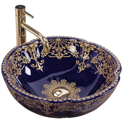 Image of REA Bathroom Sink Made of Ceramic Marina Blue pattern U3300, Blue/Gold