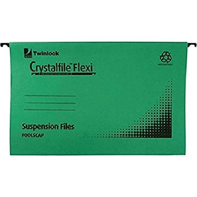 Image of Rexel Foolscap Suspension Files with Tabs and Inserts for Filing Cabinets, 15 mm V base, Manilla, Green, Crystalfile Flexifile, Pack of 50, 3000040