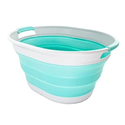 Image of SAMMART 23L Collapsible Plastic Laundry Basket Oval Tub Foldable Storage Container/Organizer Portable Washing Space Saving Hamper (Grey/Pine)