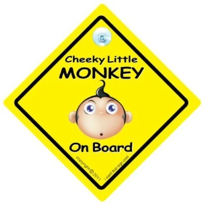 Image of Cheeky Little Monkey on Board Car Sign, Yellow, baby Sign Style, board, decal, Novelty Bumper Sticker Funny Signs