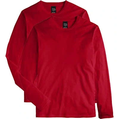 Image of Hanes Men&#039;s Long Sleeve Nano Cotton Premium T Shirt (Pack of 2), Deep Red, Medium