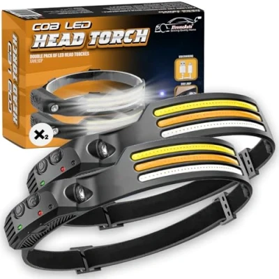 Image of Xtremeauto Head Torch Rechargeable Super Bright Wide Beam 230 Headtorch with Hands Free Sensor, LED Running Torch, Lightweight Headlamp for Adults Kids Camping, Fishing, Pack of 2
