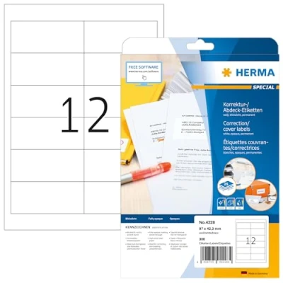 Image of HERMA Self Adhesive Correction Labels, 12 Labels per A4 Sheet, 25 Sheets, 97 x 42.3 mm, 300 Blank Opaque Stickers, Sticky for Laser &amp; Inkjet Printer, White