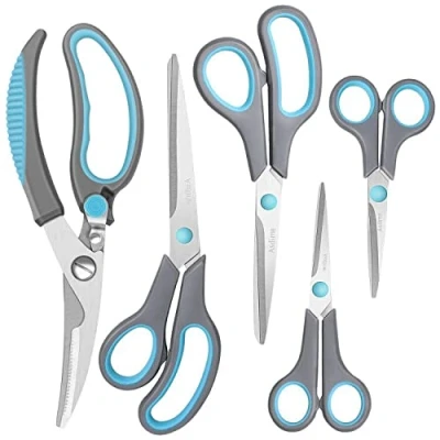 Image of Asdirne Scissors, Kitchen Scissors with Sharp Stainless Steel Blades and Soft Handles, Multifunctional Set, 5Pcs, Blue/Grey