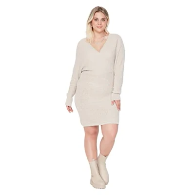 Image of Trendyol Women Plus Size Mini Basic Fitted Woven Dress Beige