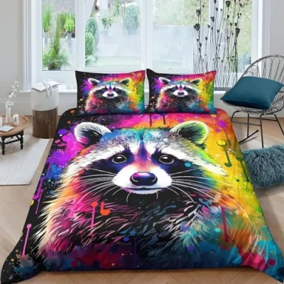 Image of Colourful Raccoon 3 Pieces Bedding Duvet Cover Set 3D Print Jungle Animals Quilt with Pillowcases Comforter Soft Microfiber Zipper Closure for Kids Teens Adults Double（200x200cm）