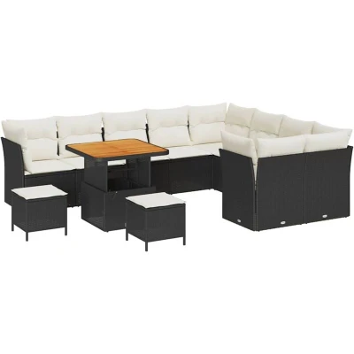 Image of vidaXL 12 Piece Garden Sofa Set with Cushions Black Poly Rattan Acacia