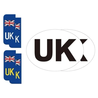 Image of EVOGES UK Self Adhesive Vinyl Stickers for Cars, Vans, Vehicles Driving in EU Europe, New 2021 Regulations, Set of 6: (2x Oval, 4x Number Plate Stickers)