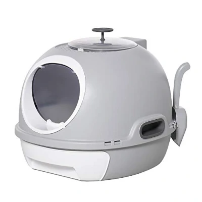 Image of PawHut Cat Litter Box Toilet with Scoop Enclosed Drawer, Front Entry Top Exit, Easy To Clean Grey