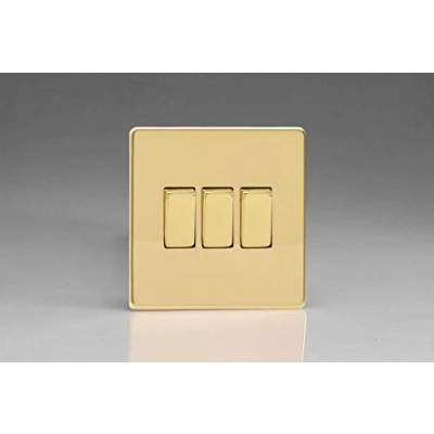 Image of XDV3S Varilight Flat Plate Screwless Polished Brass 3 Gang Light Switch