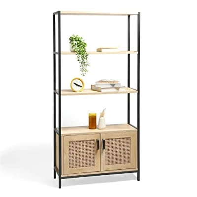 Image of VonHaus Rattan Bookcase Tall Bookshelf with Doors for Living Room Large Light Wood Effect Shelving Unit w/ 3 Open Shelves &amp; Wicker Storage Cupboard Industrial Scandi Style Lounge Lena