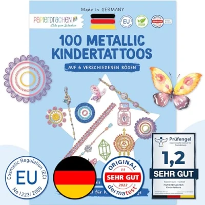 Image of Papierdrachen 100 Metallic Tattoos For Children Skin Friendly Children&#039;s Jewellery Elements Glitter Tattoo Birthday Gift Bag Boys and Girls Made in Germany