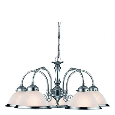 Image of Searchlight 1045 5 American Diner Satin Silver Lamp Pendant Ceiling Light with Opal Ribbed Glass