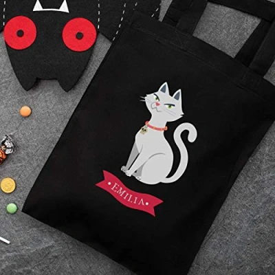 Image of Personalised cat trick or treat bag (Black bag) Halloween bags options