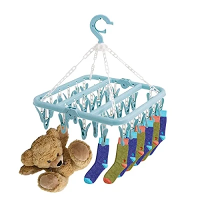 Image of 20 Peg Blue Plastic Hanging Dryer, Laundry Socks Lingerie Clothes Portable Indoor Outdoor Airer Dryer Sock Drying Rack Space Save Hanger