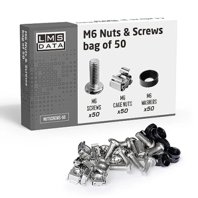 Image of LMS Data M6 Cage Nuts Screws and Washers Set Assortment Bolts Kit for Rack Mount Cabinets, Server Shelves Fixing Installation (Nickle, 50)