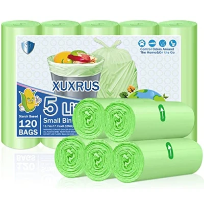 Image of XUXRUS Bin Liners 5 6 Liter Small Bags Plastic Garbage for Bathroom Kitchen Bedroom Pet Office,120 Counts Green