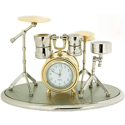 Image of Miniature Novelty Drum Kit Silver &amp; Goldtone Finish Collectors Clock 0470