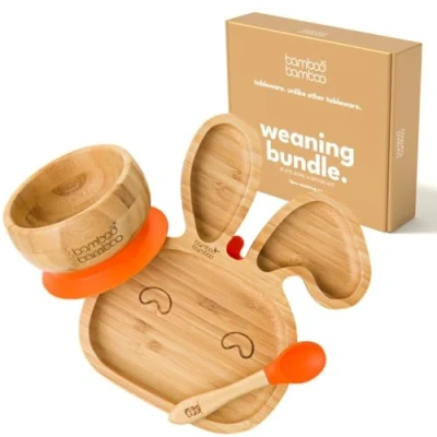 Image of Bamboo Baby Plate &amp; Bowl Weaning Set, Suction and for Feeding Weaning, Bunny Plate, Toddler Spoon, Plates Babies from 6 Months (Bunny, Orange)