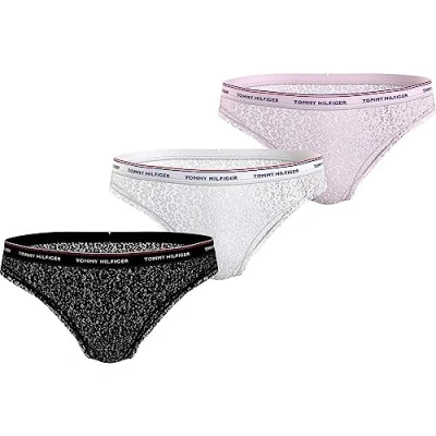 Image of Tommy Hilfiger Women&#039;s 3 Pack Bikini Lace (Ext Sizes) Uw0uw04897 Panties, Black (Black/White/Light Pink), S