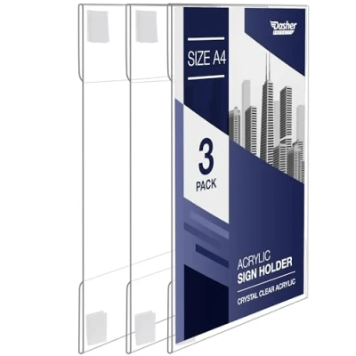 Image of Acrylic Sign Holder with Hook and Loop Adhesive, A4 Portrait or Landscape, Clear Wall Mounted Frame, Poster Display Holder, Plastic Message Board for Home, Office, Store, Restaurant (A4 3 Pack)