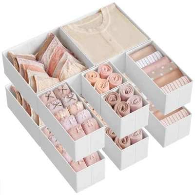 Image of SONGMICS Drawer Organisers, Dresser Dividers, Set of 6, Foldable Fabric Storage Boxes for Socks, Underwear, Bras, Ties, Scarves, Cloud White RDZ006W01