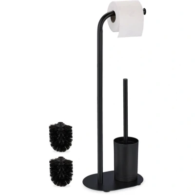 Image of Wc Set, Bamboo, Stainless Steel, Free standing, incl. 2 Spare Heads, Toilet Roll &amp; Brush Holder, Matt Black Relaxdays