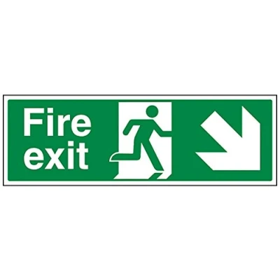Image of V Safety Fire Exit Arrow Down Right Sign 450mm x 150mm 1mm Rigid Plastic