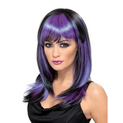 Image of Smiffys Glamour Witch Wig, Black Long with Fringe, Halloween Fancy Dress Accessory, Up Wigs