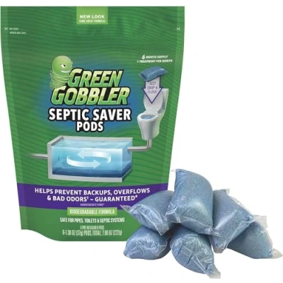 Image of Green Gobbler Septic Saver Treatment System Sewage &amp; Tank Cleaner Bacteria Enzyme Packs for Monthly Treatments 6 Pods (1.3oz)